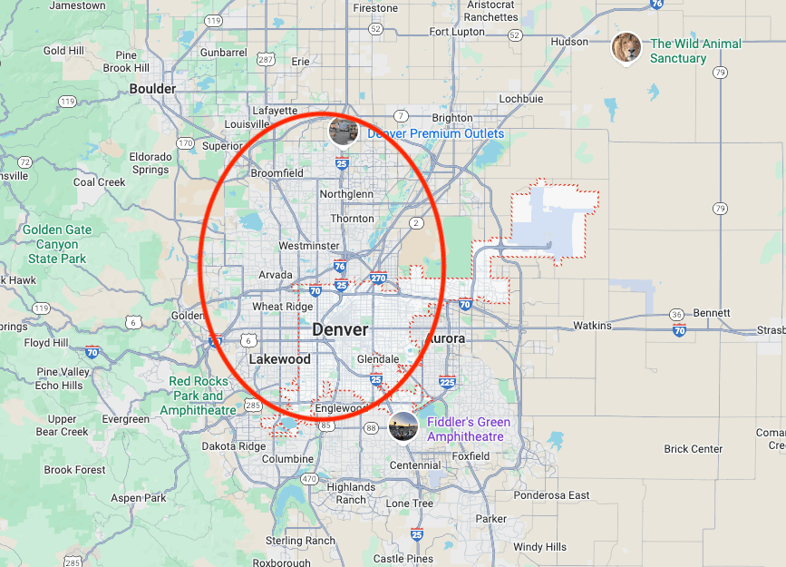 Map showing Wanderlust Cleaning's Denver Metro service area, including Denver, Aurora, Lakewood, and Arvada